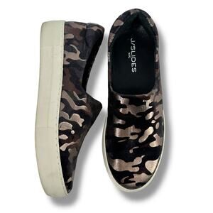 J/SLIDES NYC Ariana Camo Metallic Velvet Slip On Sneaker Shoes Womens Size 7.5